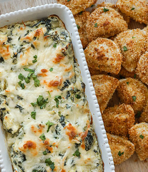 Spinach Artichoke Dip with Parmesan Crusted Pierogies