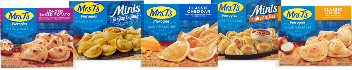 Lineup of Mrs. T's product packaging