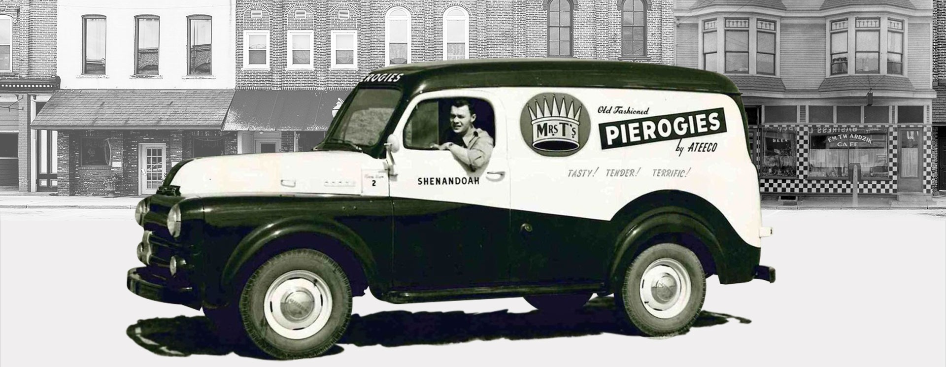 Black and white photo of Mrs. T's truck in Shenandoah, Pennsylvania